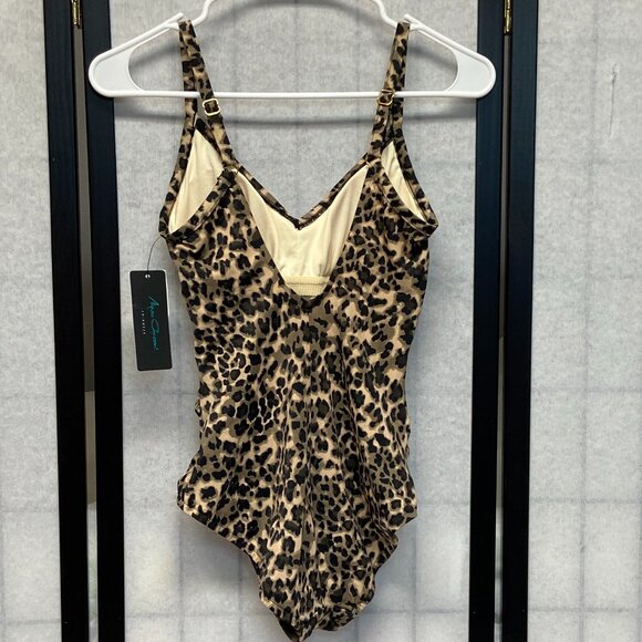Aqua Green Shirred Side Front One Piece Low V Neck Leopard Spot Swimsuit NWT S - Picture 2 of 12